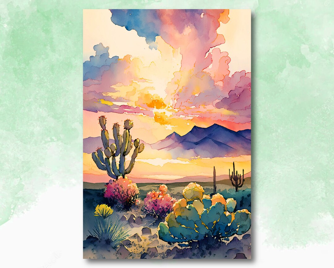 Desert Cactus Sunset Print Colorful Watercolor Wall Art Southwest ...