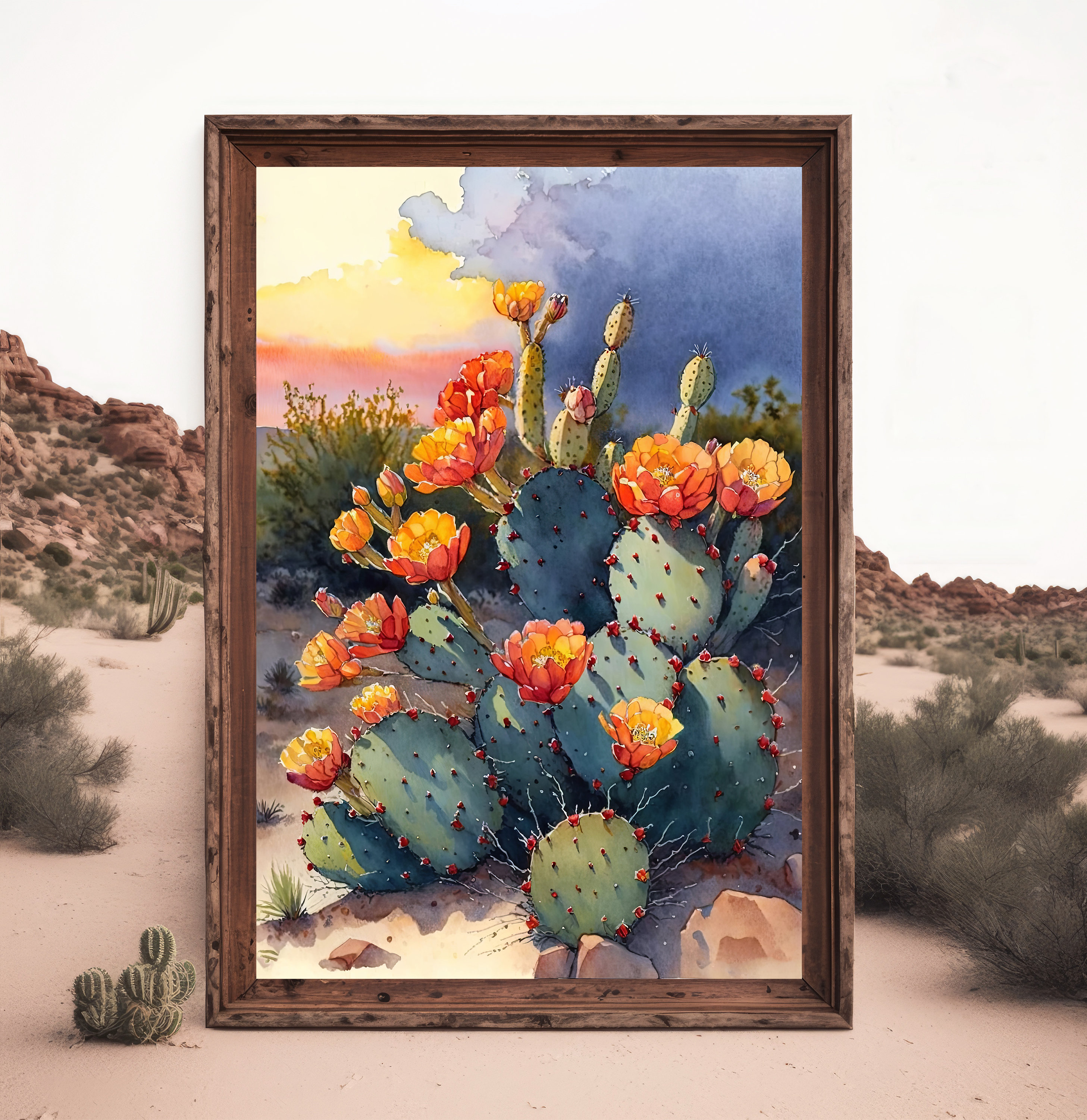 Flower Prickly Pear Cactus Sunset Art Print Watercolor Botanical Desert ...