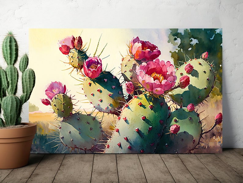 Flower Prickly Pear Cactus Print Watercolor Painting Botanical Desert ...