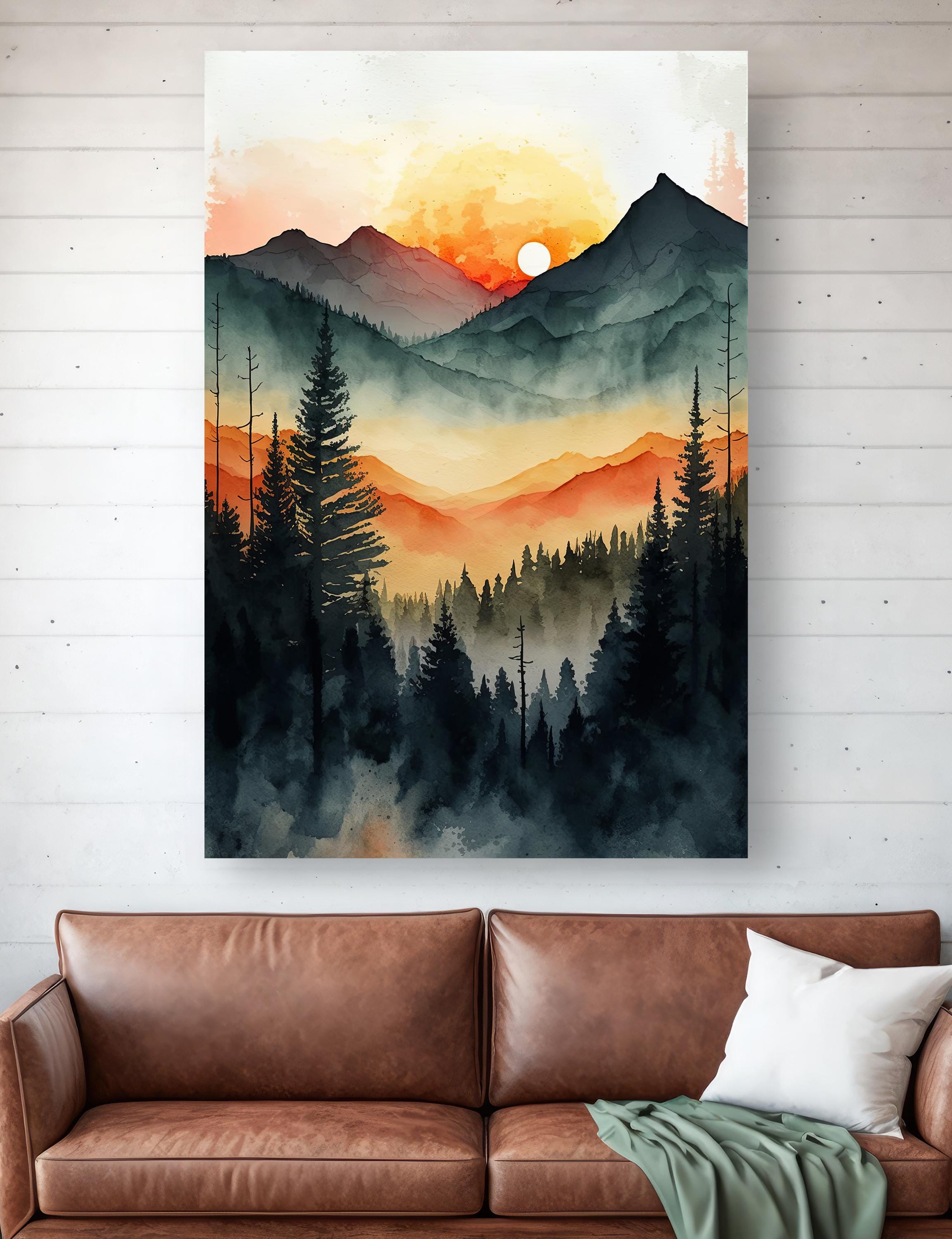Sunrise Forest Watercolor Print, Mountain Landscape Sunset Wall Art ...