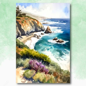 California Big Sur Beach Print Watercolor Ocean Wall Art Tropical Nature Gift Coastal Landscape Home Decor