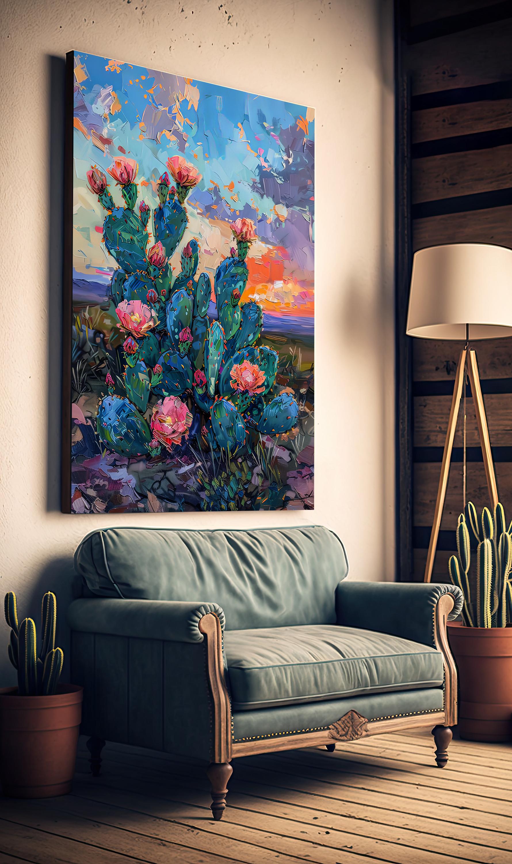 Flower Prickly Pear Cactus Sunset Oil Painting Print Botanical Desert ...