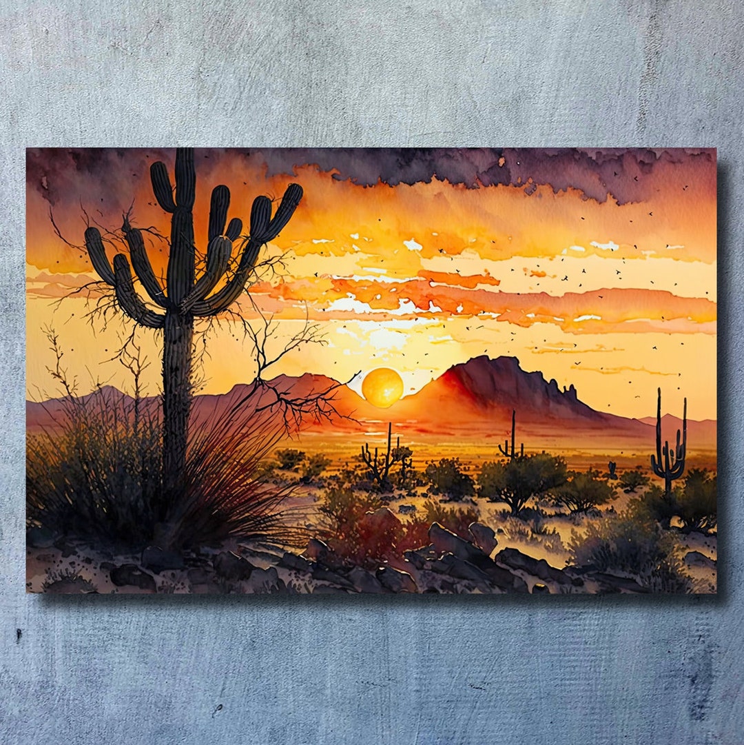 Desert Sunset Print Colorful Watercolor Wall Art Southwest Landscape ...