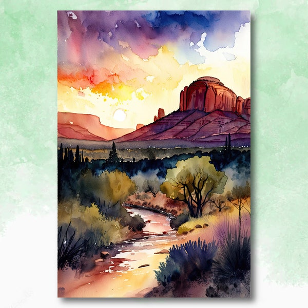 Watercolor Sedona Arizona Print, Red Rock Desert Landscape Wall Art