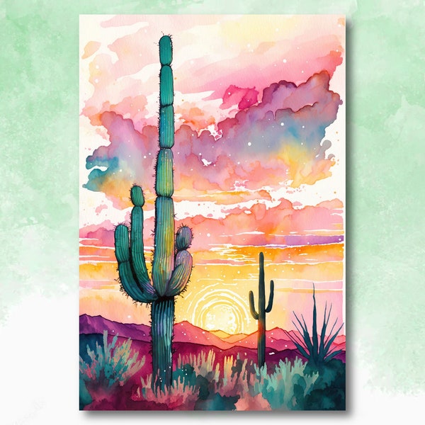 Sonoran Desert Sunset Cactus Wall Art Print Southwest Nature Inspired Watercolor Western Decor Southwestern Landscape Painting