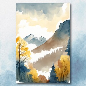 Otoño bosque montaña pared arte cabina decoración paisaje acuarela pintura otoño impresiones al aire libre regalos bosque vivero Cottagecore decoración