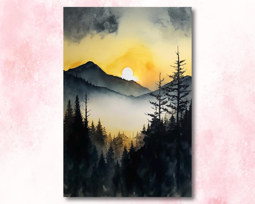 Mountain Forest Sunset Watercolor Print, Misty Landscape Wall Art ...