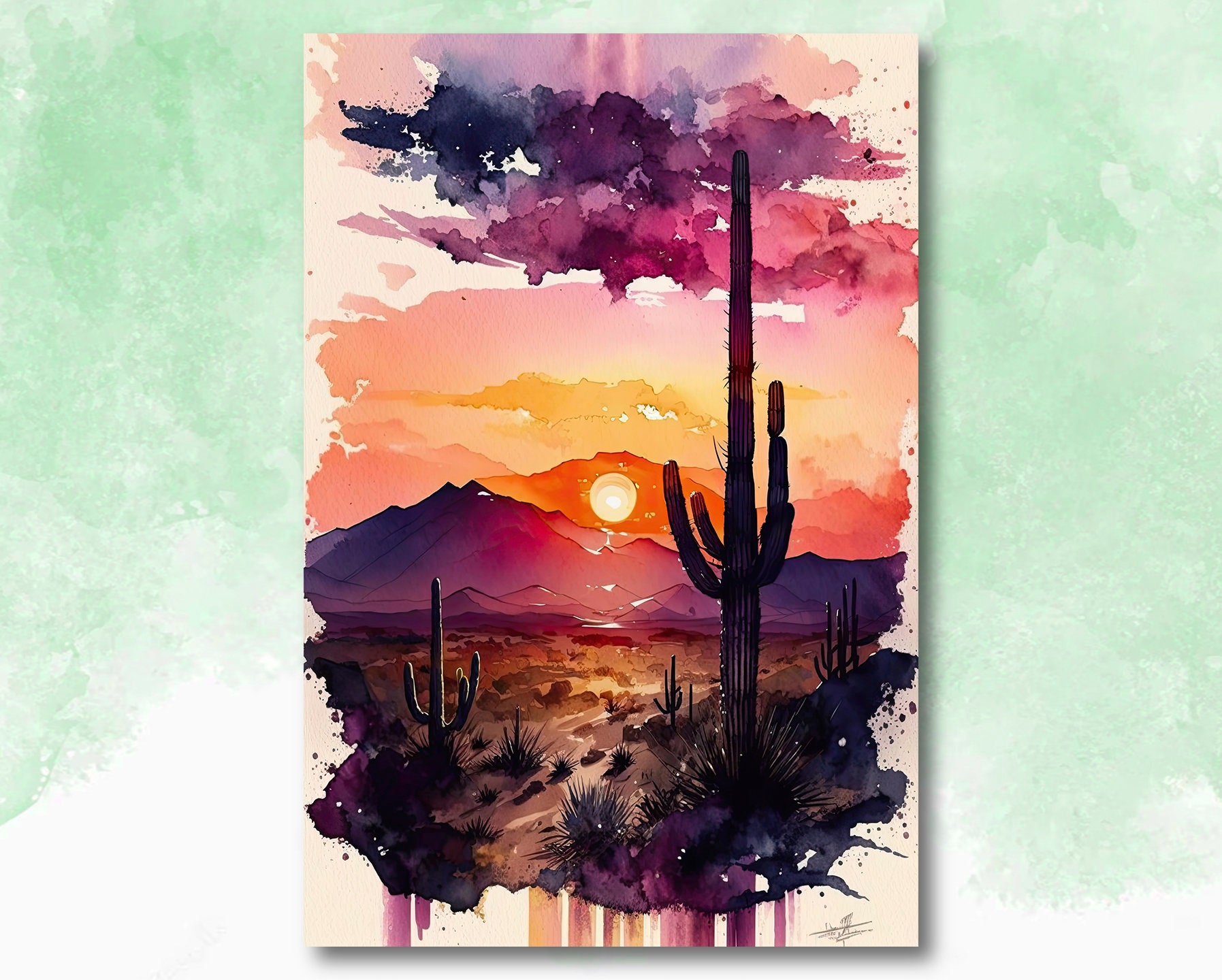 Desert Sunset Print Colorful Watercolor Wall Art Southwest Landscape ...