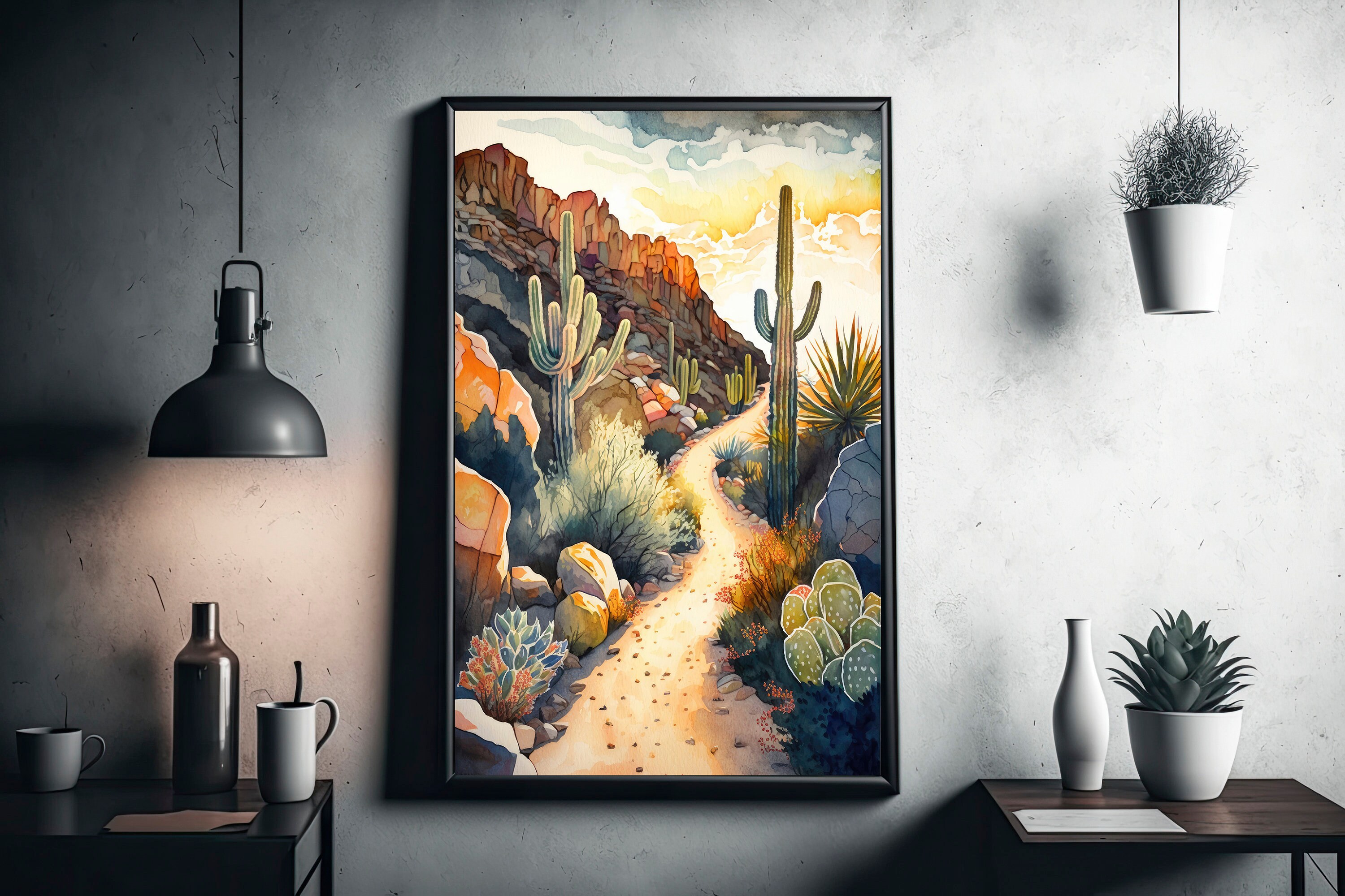 Desert Sunset Print Colorful Watercolor Wall Art Southwest Landscape ...