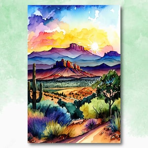 Desert Sunset Print Colorful Watercolor Wall Art Southwest - Etsy