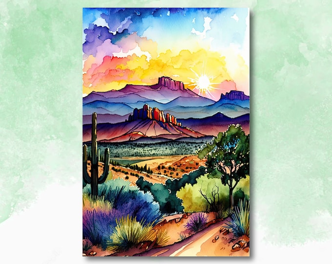 Desert Sunset Print Colorful Watercolor Wall Art Southwest - Etsy