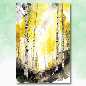 Impresión de acuarela de bosque de abedules otoñales, arte en lienzo con paisaje amarillo y negro, impresión de póster de naturaleza serena, decoración de pared con camino boscoso