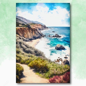 California Big Sur Beach Print Watercolor Ocean Wall Art Tropical Nature Gift Coastal Landscape Home Decor