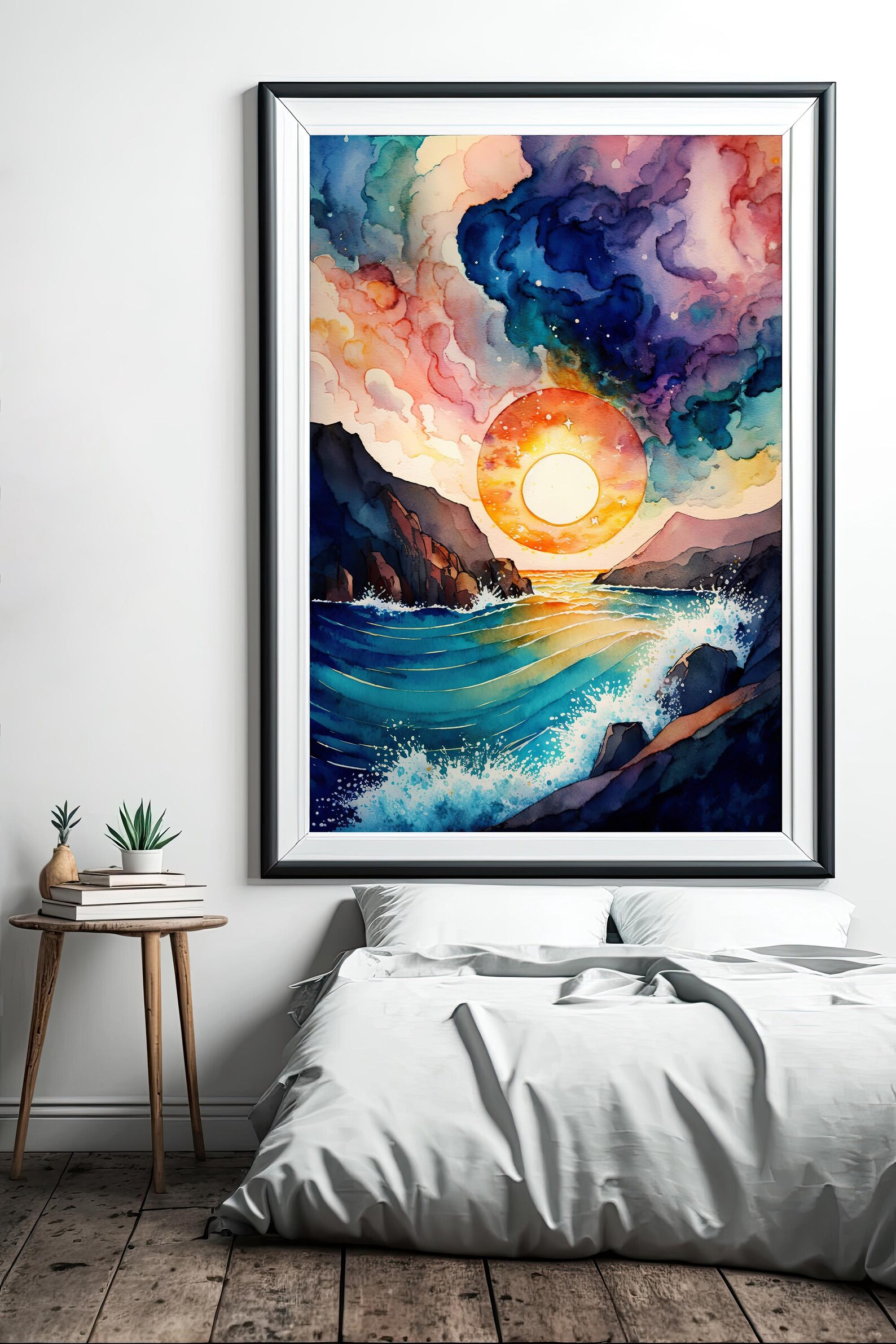 Ocean Wave Sunset Watercolor Print, Starry Night Sky Inspired Seascape ...