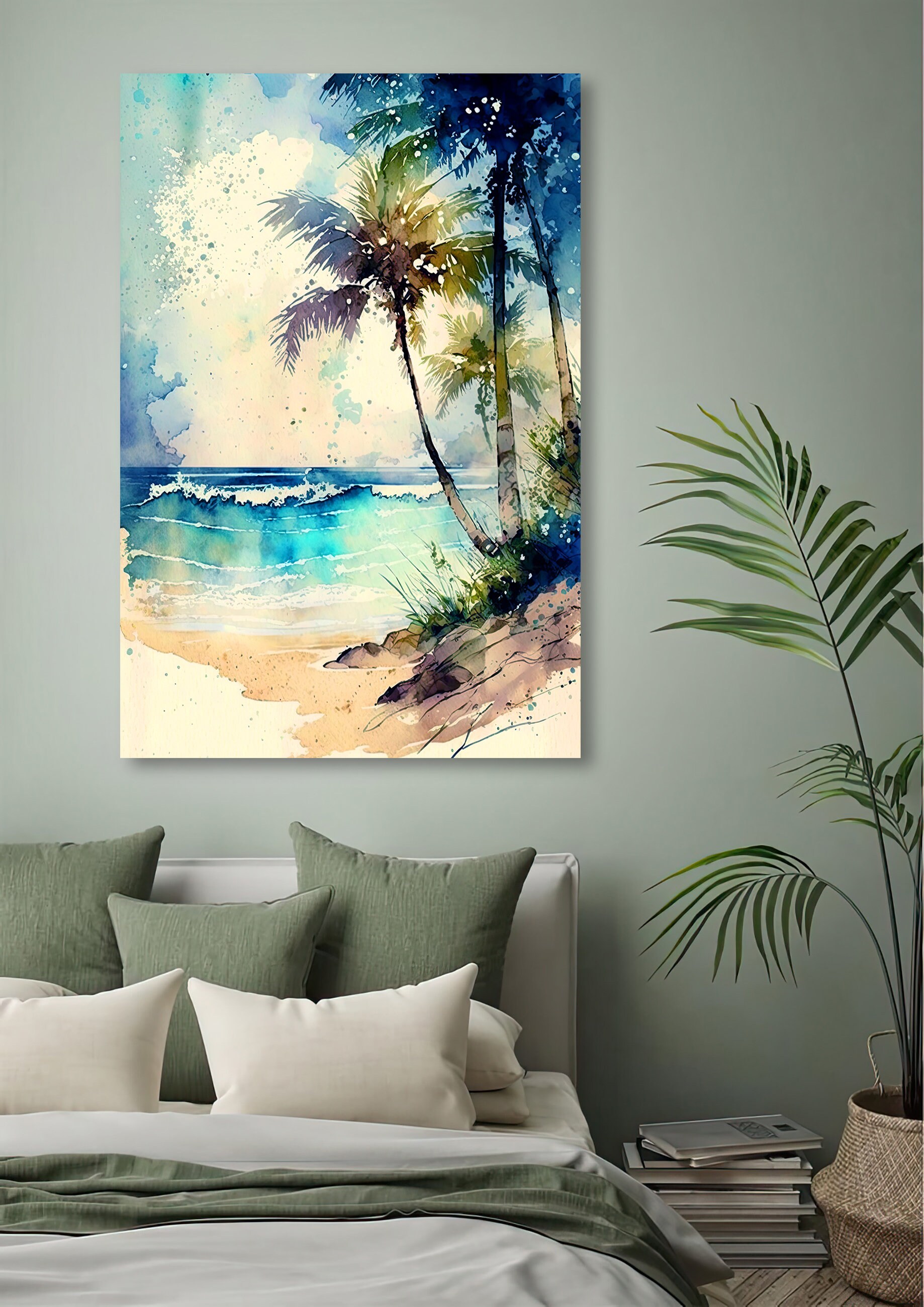 Tropical Palm Tree Beach Art Print Watercolor Coastal Wall Art Nature ...