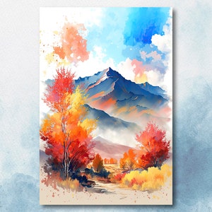 Otoño bosque montaña pared arte cabina decoración paisaje pintura otoño arte impresiones al aire libre regalos bosque vivero Cottagecore Decoración