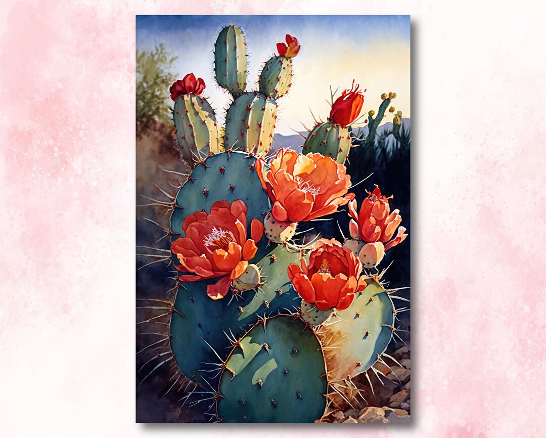 Flower Prickly Pear Cactus Sunset Art Print Watercolor Botanical Desert ...
