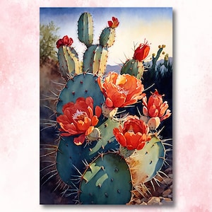 Flower Prickly Pear Cactus Sunset Art Print Watercolor Botanical Desert Wall Art Nature Inspired Sonoran Art Southwest Western Decor