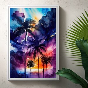 May include: A framed watercolour painting depicting a tropical sunset with palm trees. The artwork showcases a vibrant sky with hues of blue, purple, orange, and yellow. The palm trees are silhouetted against the colourful sky, creating a tranquil tropical scene.