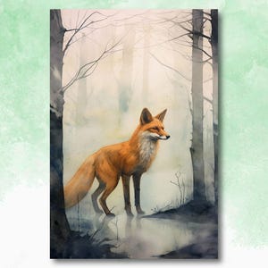 Watercolor Fox Print, Forest Animal Wall Art Poster, Nature Wildlife Canvas Gift, Wild Woodland Painting, Rustic Lodge Home Decor