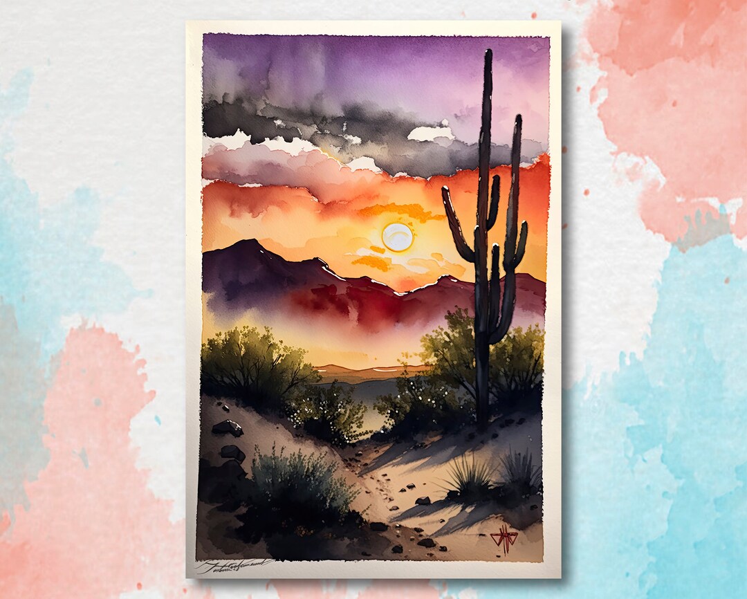 Desert Sunset Print Colorful Watercolor Wall Art Southwest Landscape ...