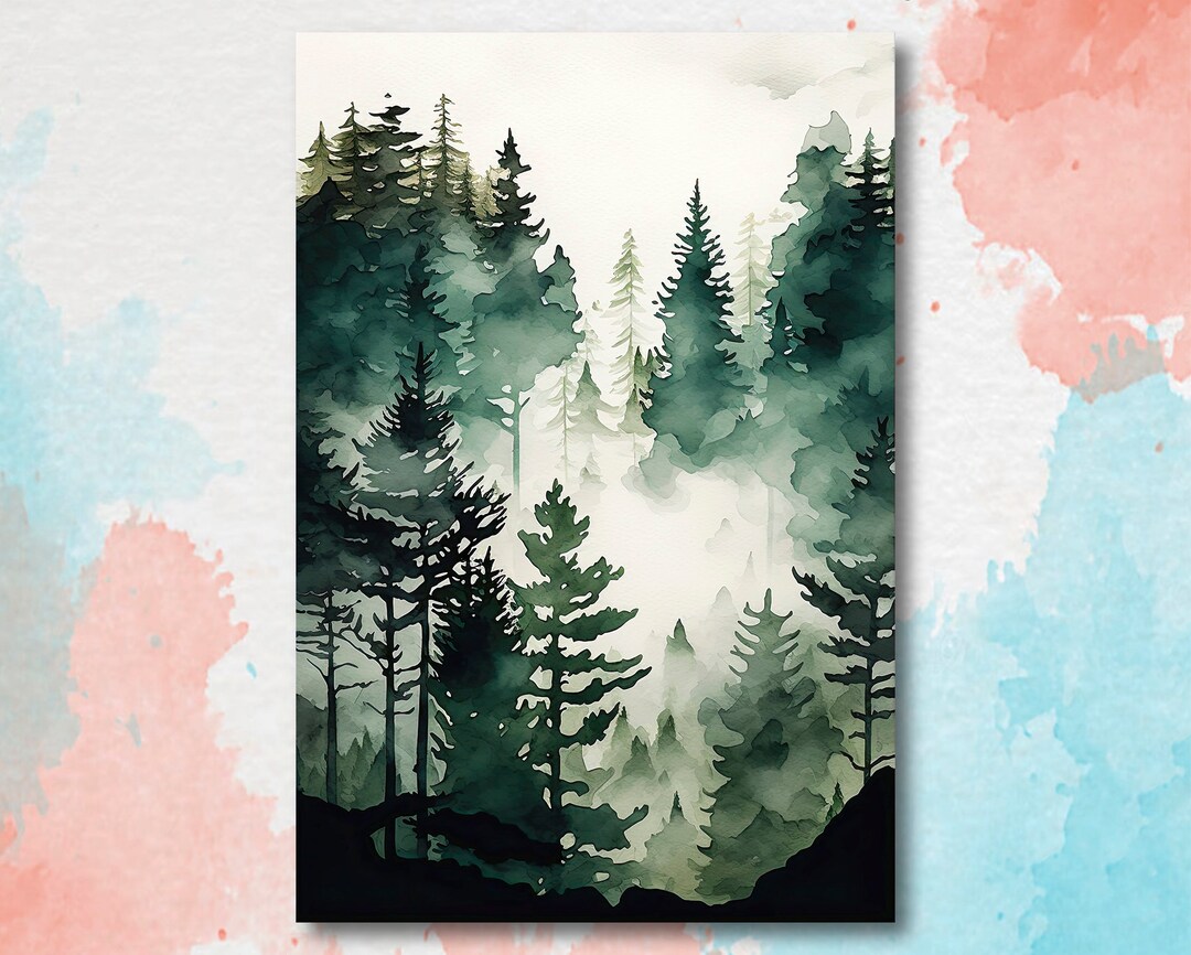 Watercolor Forest Landscape Sage Green Wall Art Painting Pine Tree ...