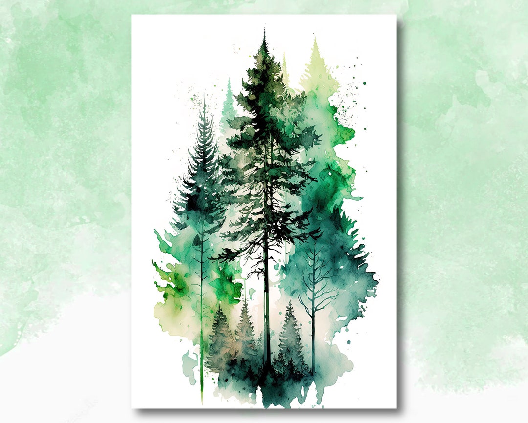 Watercolor Forest Landscape Sage Green Wall Art Painting Pine Tree ...