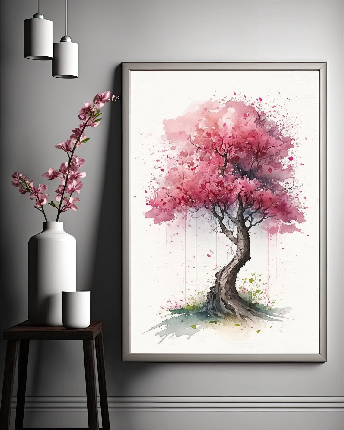 Japanese Pink Sakura Cherry Blossom Bonsai Tree Wall Art Asian Print ...