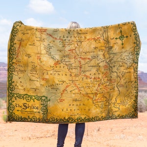 Shire Hobbiton Map Blanket, Fantasy Pillow, Epic Tolkien Gift, Nerdy Mythical Home Decor