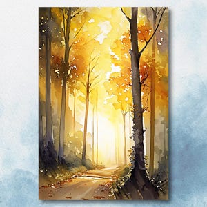 Impresión de acuarela de camino forestal de otoño dorado, póster de paisaje con follaje otoñal amarillo, arte en lienzo inspirado en la naturaleza, arte de pared de bosque para decoración del hogar