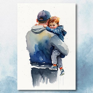 May include: A watercolor painting of a father and son. The father is wearing a blue jacket and a black baseball cap. The son is wearing a blue and white striped shirt and is being held by the father. The father is looking down at the son, who is looking up at the viewer.