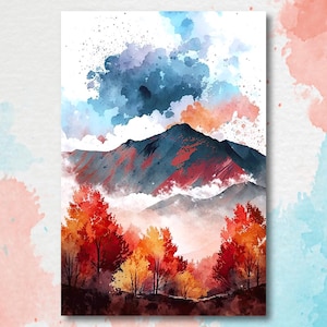 Arte mural de montaña con bosque otoñal, decoración de cabañas, pintura de paisajes, impresiones artísticas de otoño, regalos para actividades al aire libre, decoración de viveros con bosque, decoración cottagecore