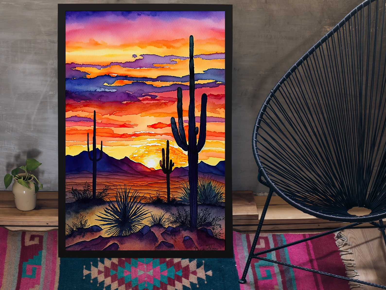 Desert Sunset Print Colorful Watercolor Wall Art Southwest Landscape ...