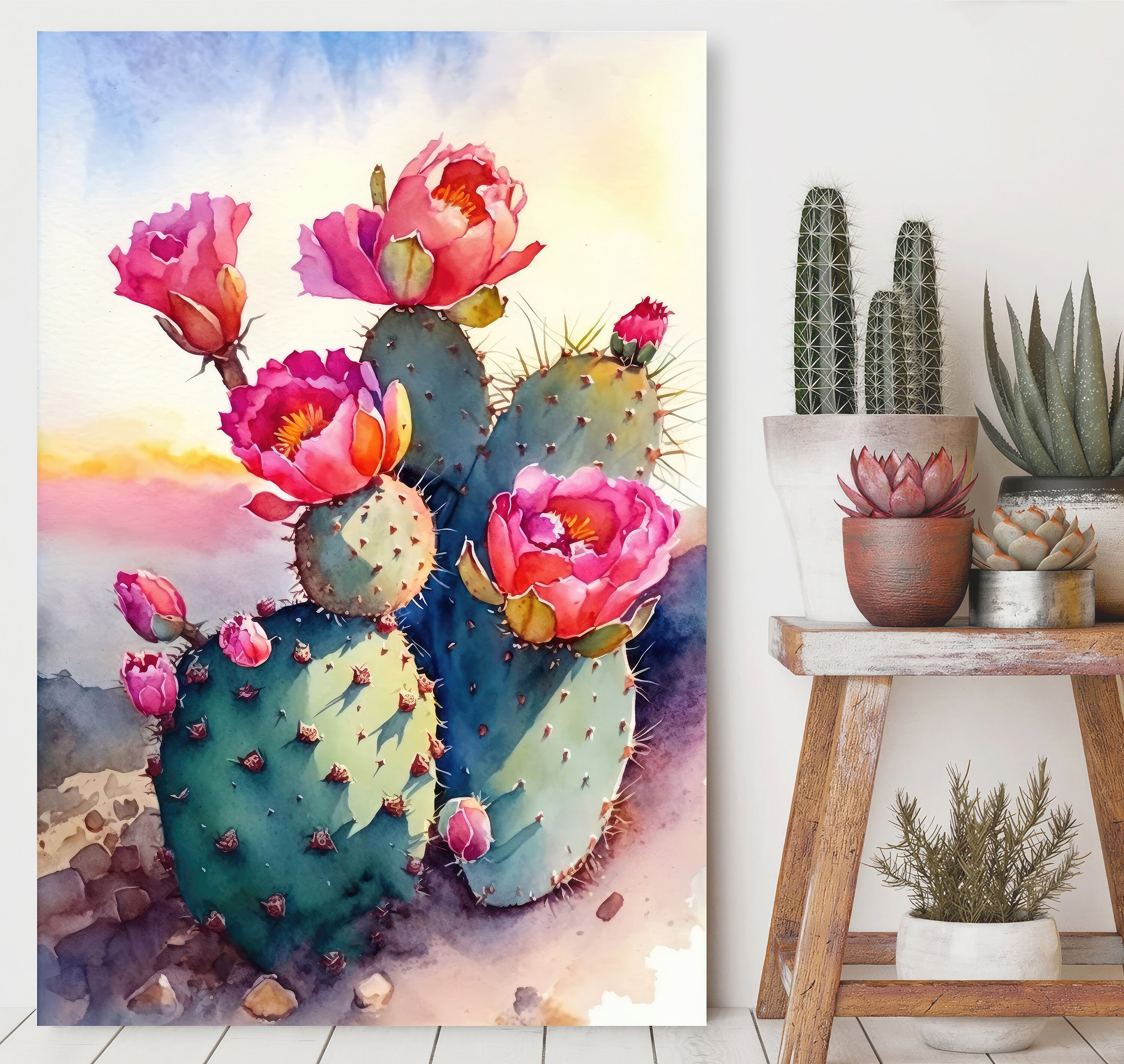 Flower Prickly Pear Cactus Sunset Art Print Watercolor Botanical Desert ...