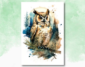 Watercolor Owl Painting Print Forest Wall Art Nature Bird Wildlife Gift Wild Animal Painting Woodland Nursery Home Decor