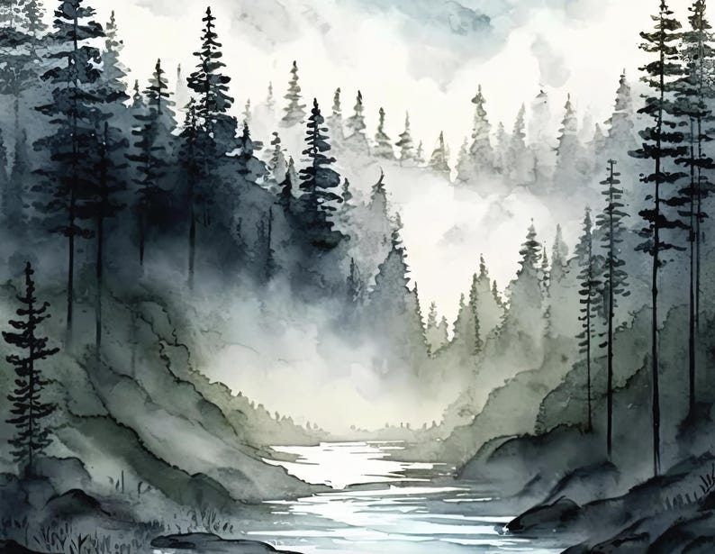 Misty Mountain River Watercolor Print, Forest Landscape Wall Art ...