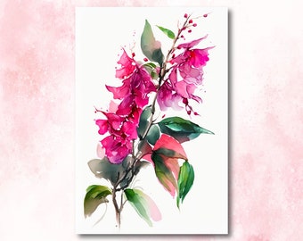 Bougainvillea Vines Watercolor Painting Floral Print Mediterranean Botanical Wall Art Magenta Tropical Flowers Gift Nature Inspired Decor