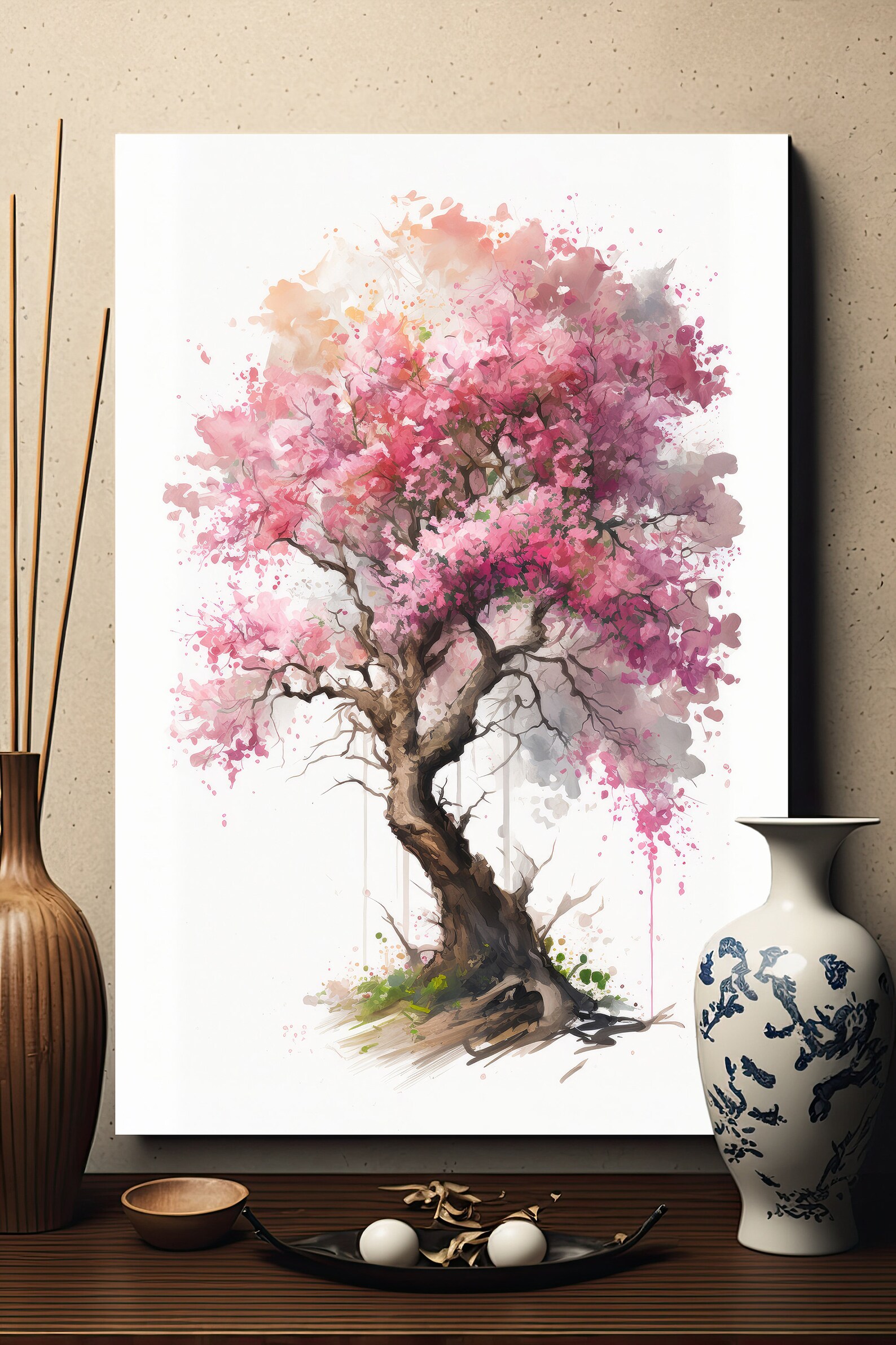 Japanese Pink Sakura Cherry Blossom Bonsai Tree Wall Art Asian Print ...