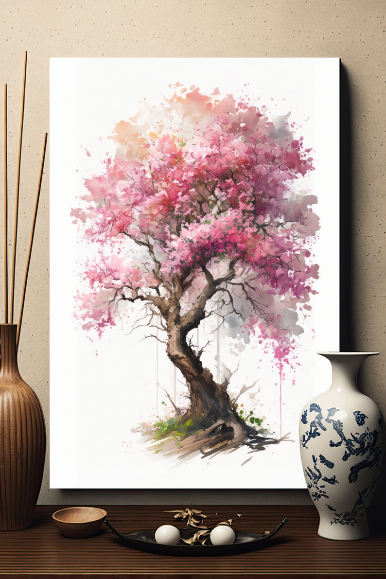 Japanese Pink Sakura Cherry Blossom Bonsai Tree Wall Art Asian Print ...