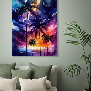 May include: A watercolour painting depicting a tropical sunset with palm tree silhouettes. The sky blends from blue to purple and orange, with dark clouds and gold accents. The artwork is presented on canvas, suitable for coastal-themed interiors.