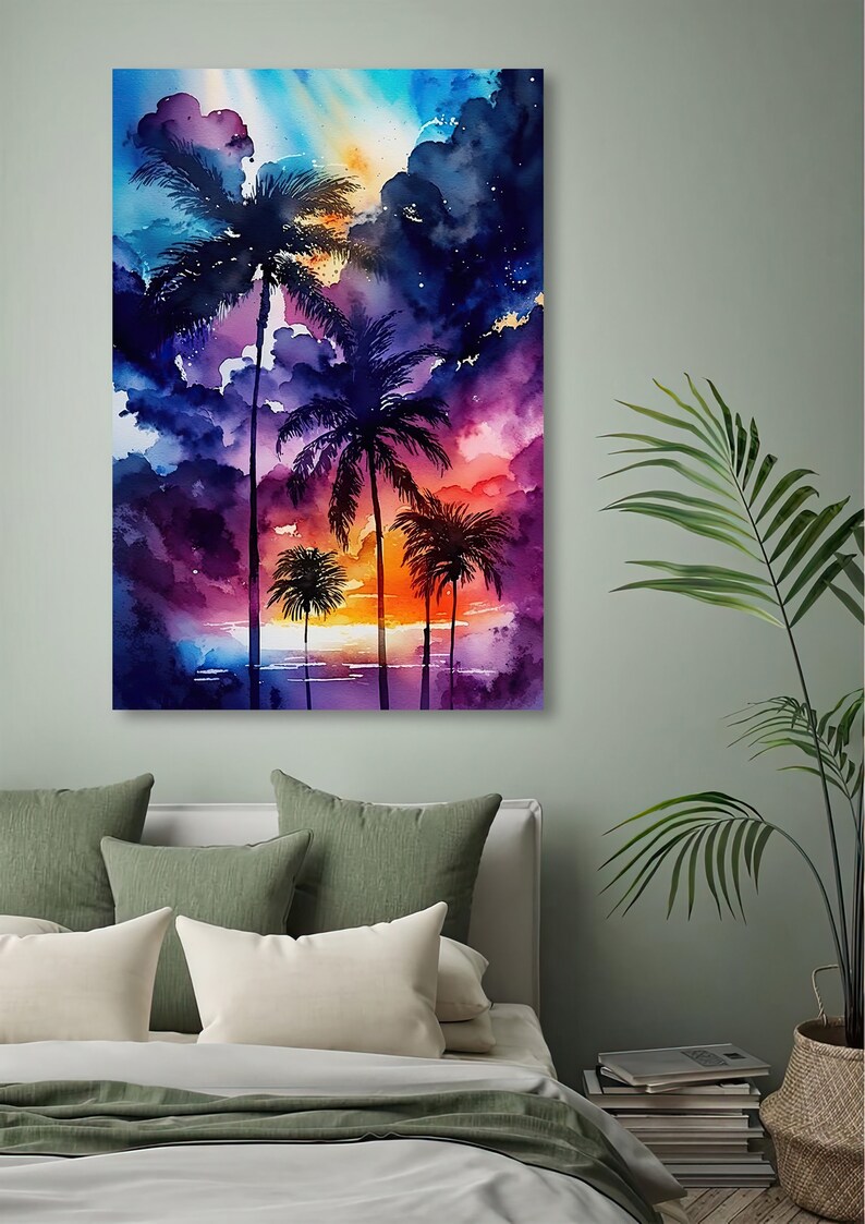 May include: A watercolour painting depicting a tropical sunset with palm tree silhouettes. The sky blends from blue to purple and orange, with dark clouds and gold accents. The artwork is presented on canvas, suitable for coastal-themed interiors.