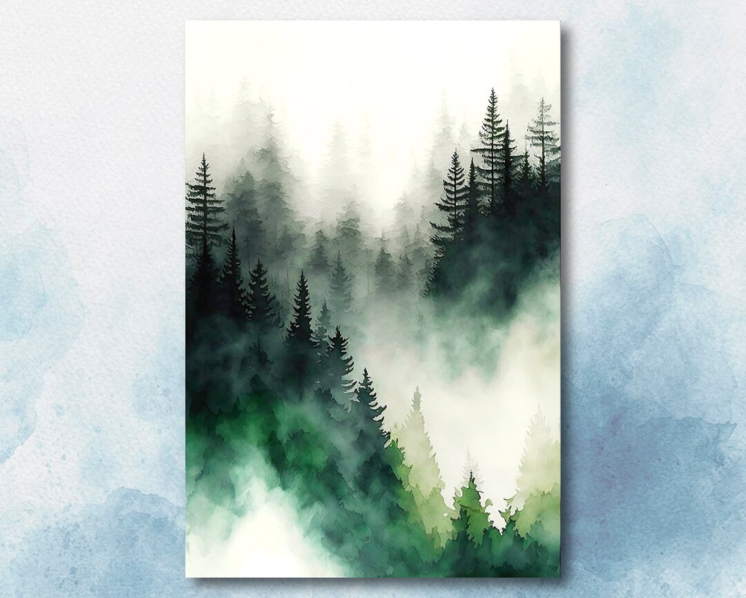 Watercolor Forest Landscape Sage Green Wall Art Painting Pine Tree ...