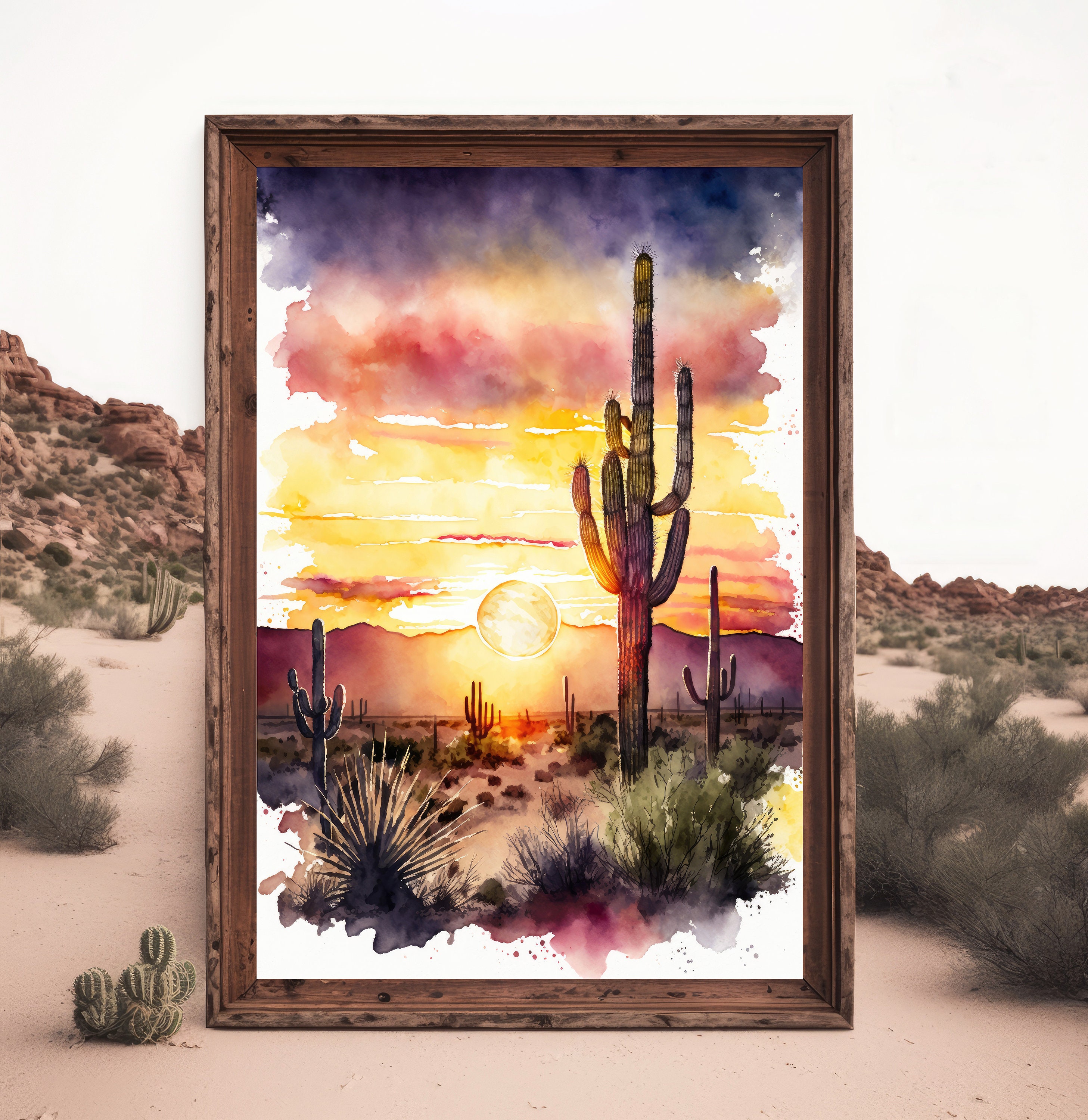 Desert Sunset Print Colorful Watercolor Wall Art Southwest Landscape ...