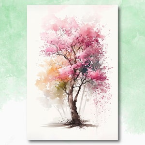 May include: Watercolor painting of a pink and white tree with a brown trunk. The tree is surrounded by a light green background.