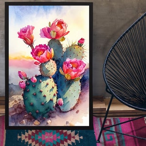 Flower Prickly Pear Cactus Sunset Art Print Watercolor Botanical Desert ...