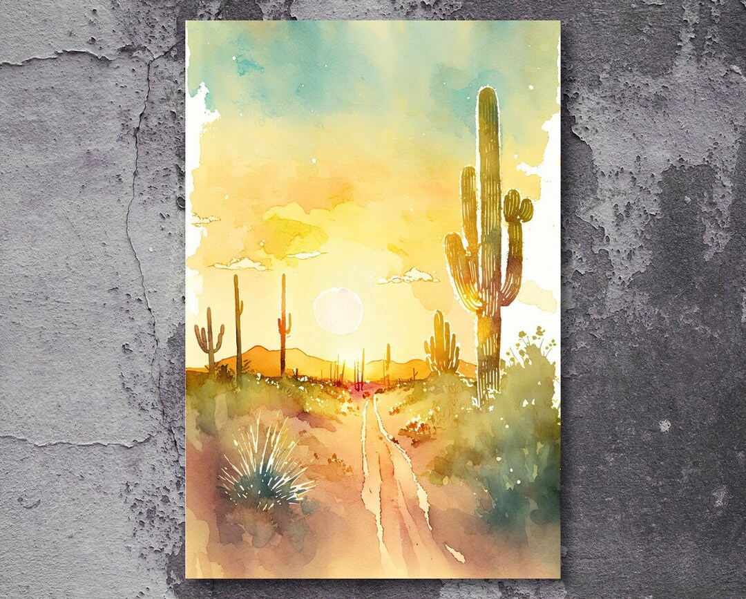 Desert Sunset Print Colorful Watercolor Wall Art Southwest Landscape ...