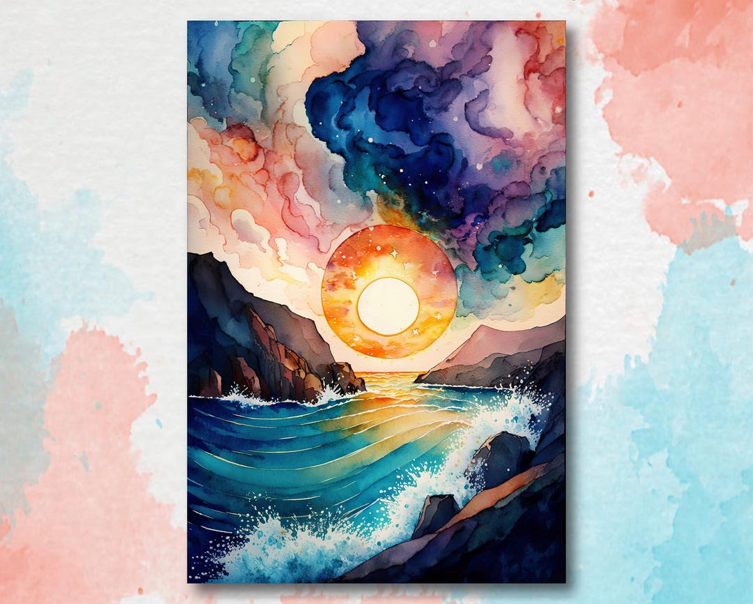Ocean Wave Sunset Watercolor Print, Starry Night Sky Inspired Seascape ...