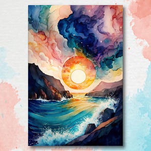 Ocean Wave Sunset Watercolor Print, Starry Night Sky Inspired Seascape Poster, Abstract Sea Nature Canvas Art, Vibrant Wall Art Home Decor