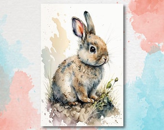 Baby Bunny Rabbit Watercolor Print Easter Pet Wall Art Cute Spring Gift Animal Home Decor