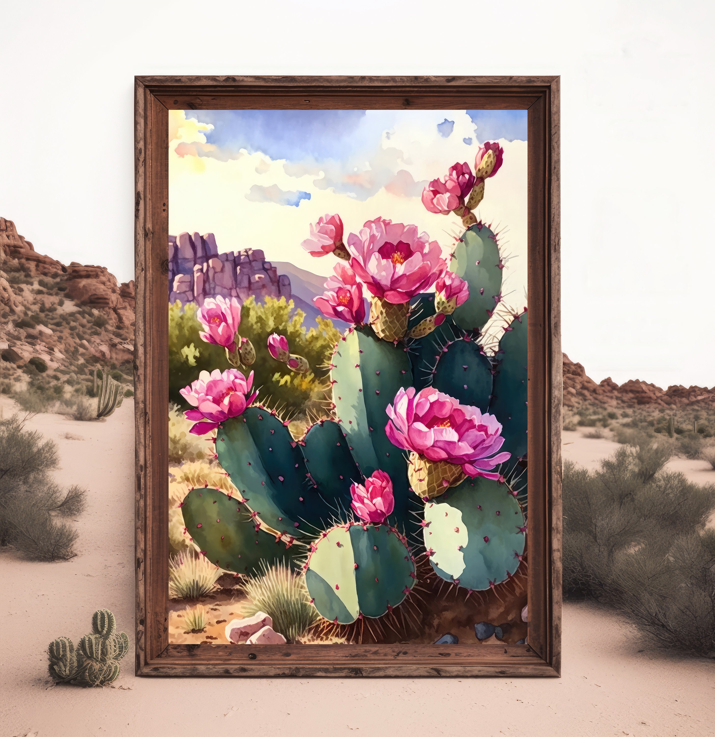 Flower Prickly Pear Cactus Print Watercolor Painting Botanical Desert ...